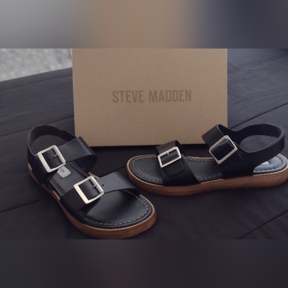Steve Madden Black Leather Sandals with Brown Soles